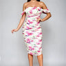 Bloom Allure Off-Shoulder Mesh 
Midi  Dress - Fuchsia Multi front view showing full midi length silhouette