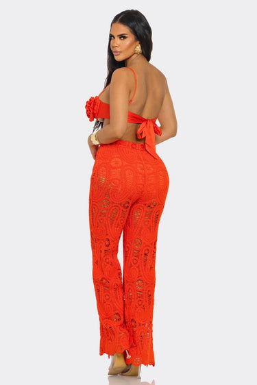 Bloom & Lace Crochet Pant Set Coral showing coordinated top and pants construction