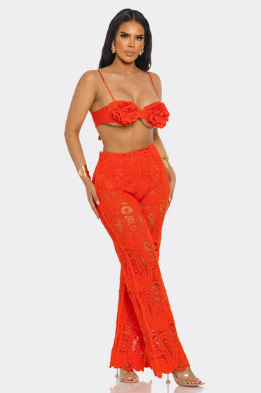 Bloom & Lace Crochet Pant Set Coral front view showing complete two piece pant set