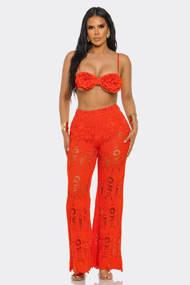 Bloom & Lace Crochet Pant Set Coral side view showing pants silhouette and fit
