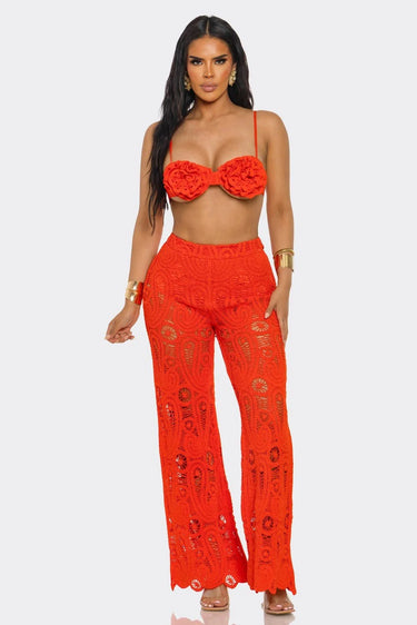 Elegant Coral crochet two piece pant set styled for going out