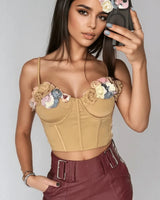 Blooming Elegance Floral Bustier Top with 3D Appliqués – Taupe - stylish going out top