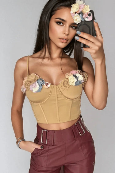 Blooming Elegance Floral Bustier Top with 3D Appliqués – Taupe - stylish going out top