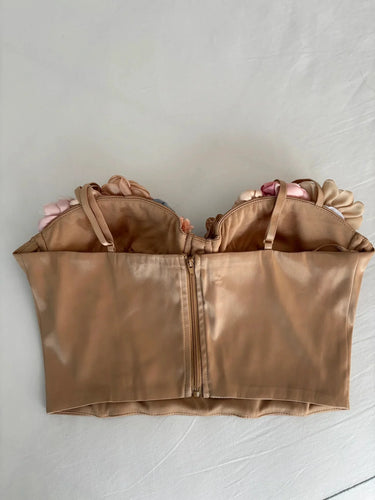 Blooming Elegance Floral Bustier Top with 3D Appliqués – Taupe - summer top for women