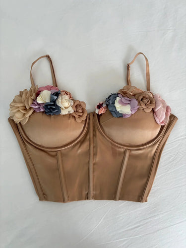 Blooming Elegance Floral Bustier Top with 3D Appliqués – Taupe - chic top by Palazzo Couture