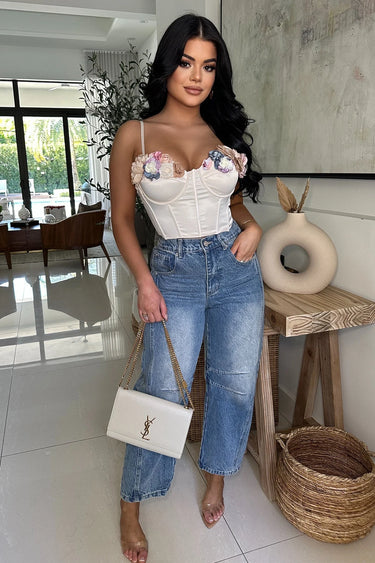 Blooming Elegance Floral Bustier Top with 3D Appliqués – Ivory for women - top by Palazzo Couture