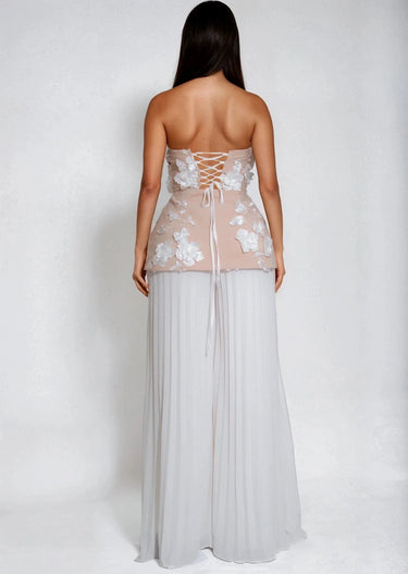 Blooming Grace 3D Floral Pant Set - WhiteNude close up of floral top design and fabric detail