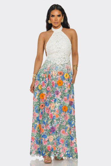 Blooming Grace Lace Maxi Dress - White Multi - Palazzo Couture Online
