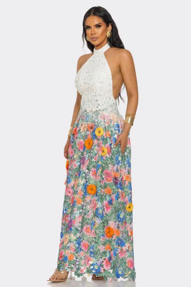 Women's White Multi maxi dress lace style back view