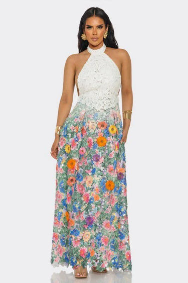 Blooming Grace Lace Maxi Dress - White Multi close up detail of lace design and fabric