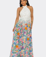 Blooming Grace Lace Maxi Dress - White Multi front view showing full-length maxi silhouette