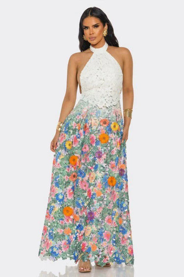 Blooming Grace Lace Maxi Dress - White Multi front view showing full-length maxi silhouette