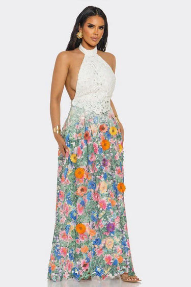 Blooming Grace Lace Maxi Dress - White Multi side view highlighting floor-length hemline