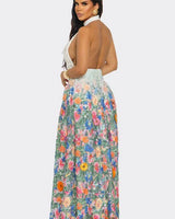 Elegant White Multi lace maxi dress on model styled for evening event