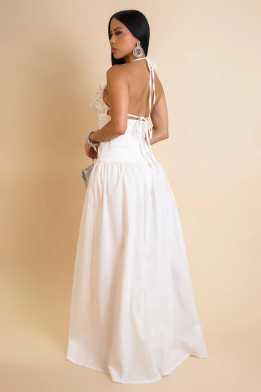 Blossom Halter Maxi Dress White close up detail of halter design and fabric