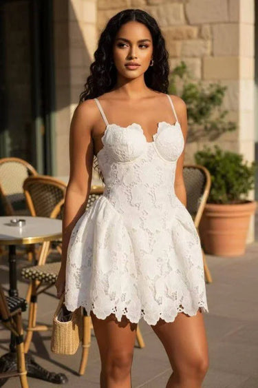 Blossom Lace Corset Mini Dress - White front view showing mini dress silhouette