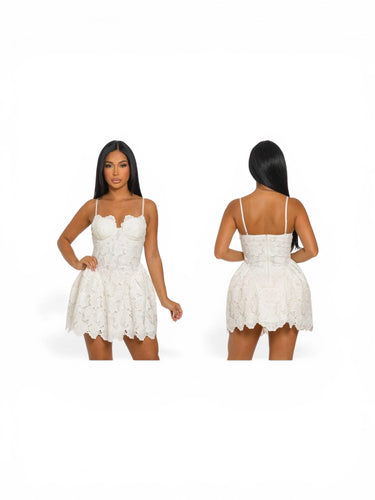 Elegant White corset mini dress on model styled for going out