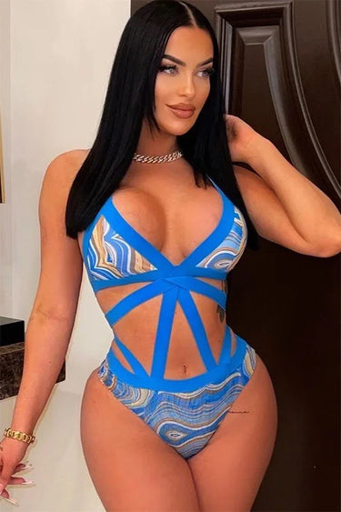 2 PCs  Wave Strappy Swimsuit and Sarong Set - Royal Blue - front view