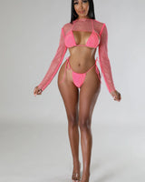 Blush Brilliance: Sheer & Sparkling Pink Three-Piece Set - stylish bikini set for vacation