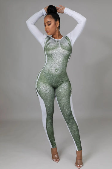 Body Babe Olive Jumpsuit with Long Sleeves and Contour Fit - women's one-piece outfit for going out