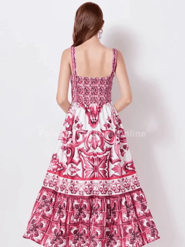 Bohemian Maxi Dress Red – Bohemian Mosaic Maxi Dress side view highlighting floor-length hemline