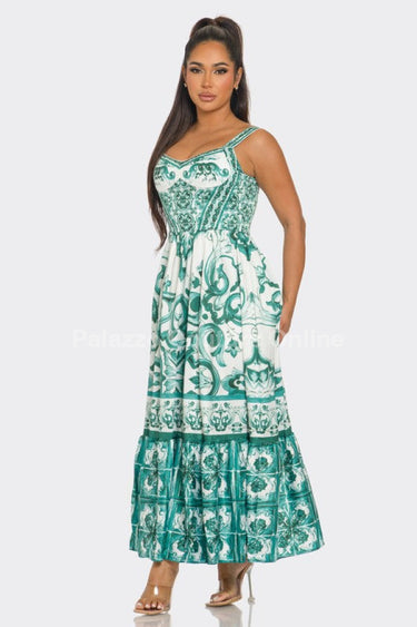 Stylish green and white Mosaic maxi dress for summer.