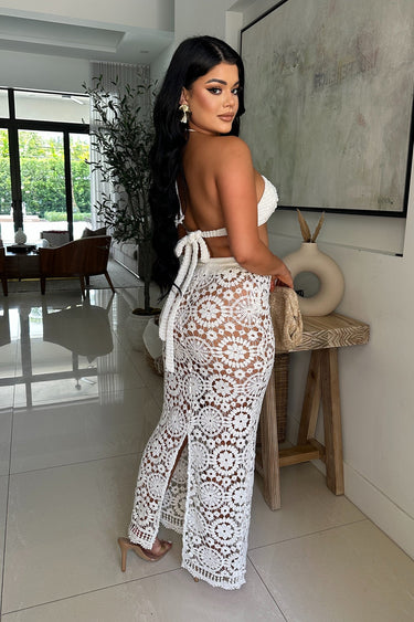 Boho Bloom Crochet Skirt Set - White - Palazzo Couture Online