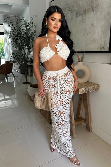 Boho Bloom Crochet Skirt Set - White - Palazzo Couture Online