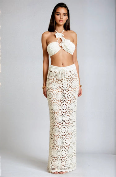 Boho Bloom Crochet Skirt Set - White - Palazzo Couture Online
