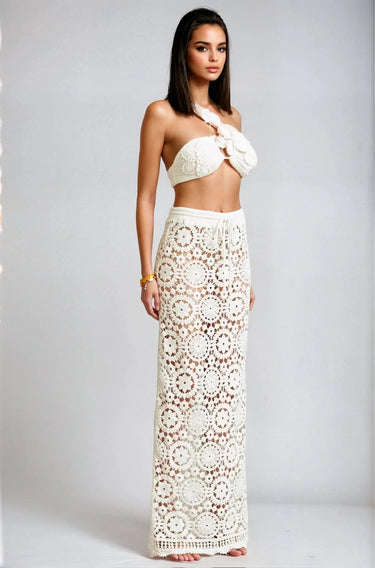 Elegant White crochet two piece skirt set styled for going out