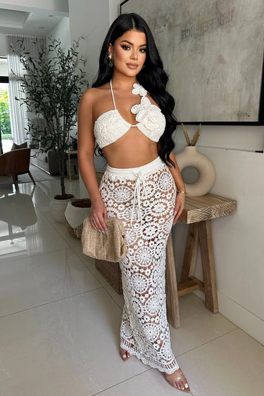 Boho Bloom Crochet Skirt Set - White close up of crochet top design and fabric