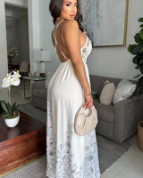 Boho Bloom Embroidered Maxi Dress - Natural close up detail of elegant design and fabric