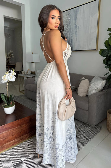 Boho Bloom Embroidered Maxi Dress - Natural close up detail of elegant design and fabric