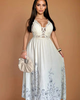 Boho Bloom Embroidered Maxi Dress - Natural front view showing full-length maxi silhouette
