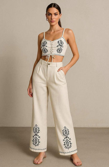 Boho Bloom Embroidered Pant Set - Beige - Palazzo Couture Online