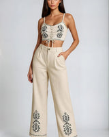 Boho Bloom Embroidered Pant Set - Beige - Palazzo Couture Online