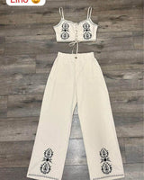 Boho Bloom Embroidered Pant Set - Beige - Palazzo Couture Online