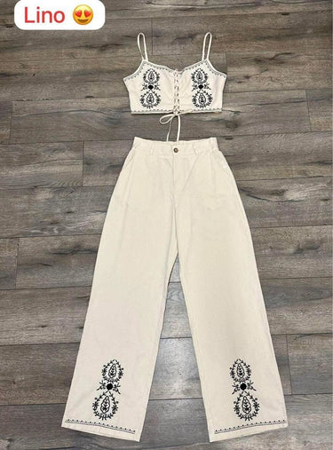 Boho Bloom Embroidered Pant Set - Beige - Palazzo Couture Online