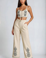 Boho Bloom Embroidered Pant Set- Beige front view showing complete two piece pant set