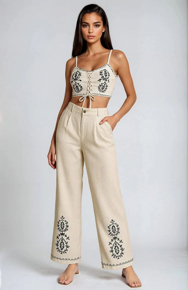 Boho Bloom Embroidered Pant Set- Beige front view showing complete two piece pant set