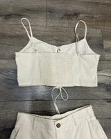 Boho Bloom Embroidered Pant Set- Beige side view showing pants silhouette and fit