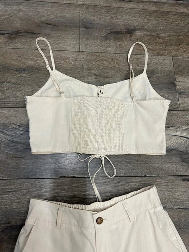 Boho Bloom Embroidered Pant Set- Beige side view showing pants silhouette and fit