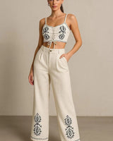 Boho Bloom Embroidered Pant Set- Beige close up of matching top design and fabric detail