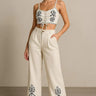 Boho Bloom Embroidered Pant Set- Beige close up of matching top design and fabric detail