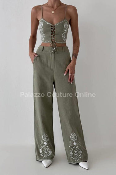 Boho Bloom Embroidered Pant Set - Olive - Palazzo Couture Online