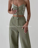 Boho Bloom Embroidered Pant Set - Olive - Palazzo Couture Online