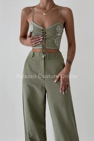 Boho Bloom Embroidered Pant Set - Olive - Palazzo Couture Online
