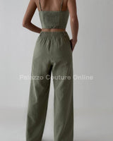 Boho Bloom Embroidered Pant Set - Olive - Palazzo Couture Online