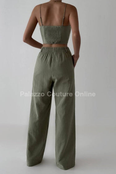Boho Bloom Embroidered Pant Set - Olive - Palazzo Couture Online