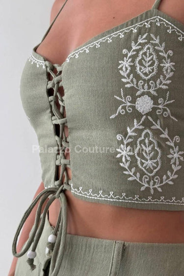 Boho Bloom Embroidered Pant Set - Olive - Palazzo Couture Online